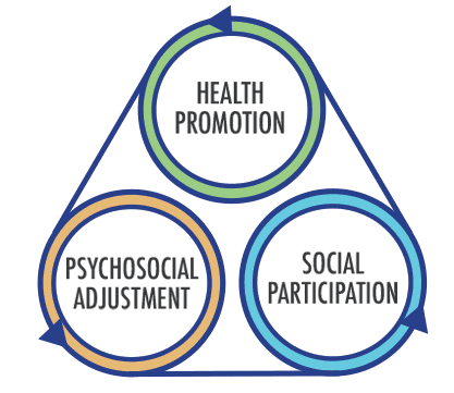 A graphic showing the cyclical relationship between health promotion, psychosocial adjustment, and social participation